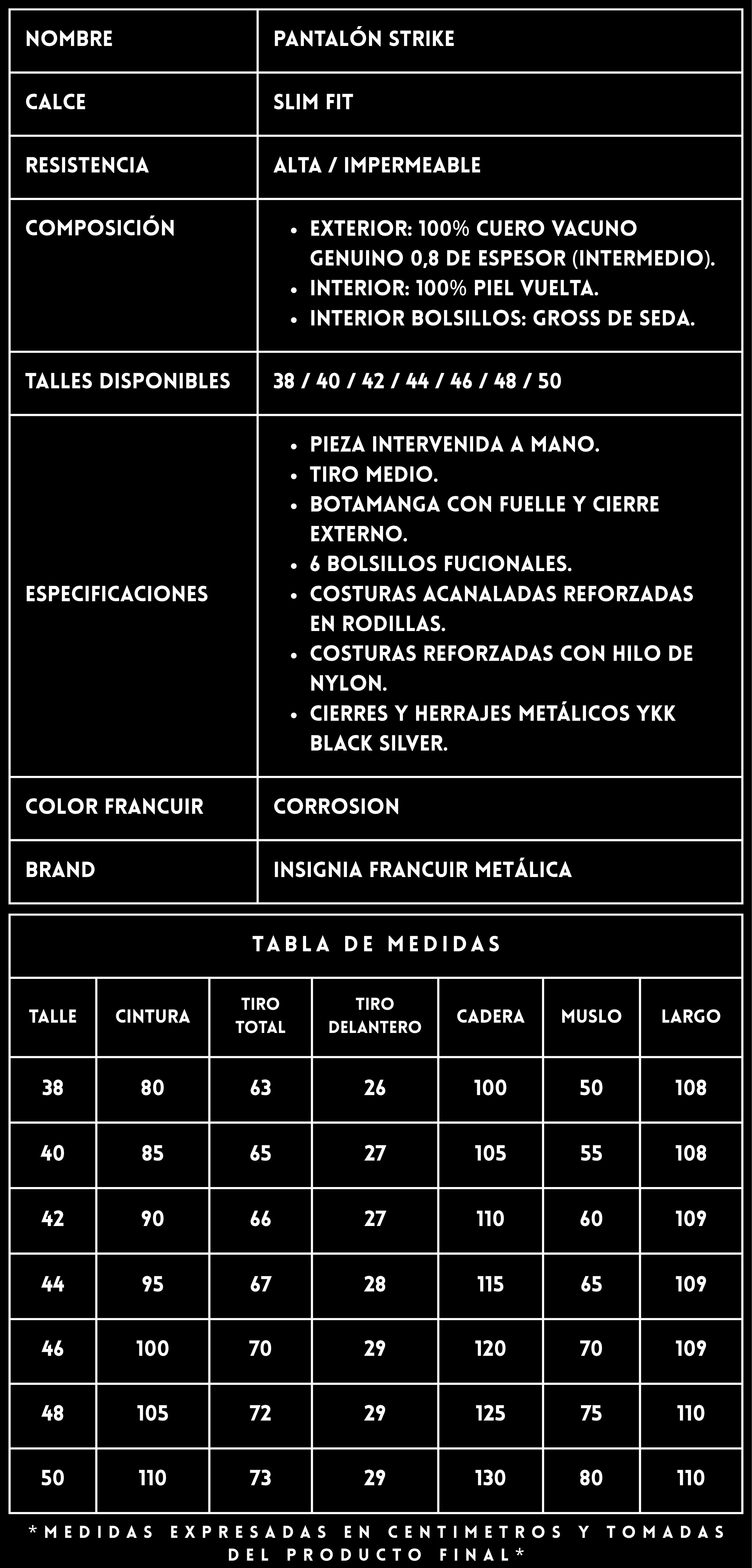 FICHA TÉCNICA PANTALÓN DE CUERO STRIKE CORROSION - FRANCUIR